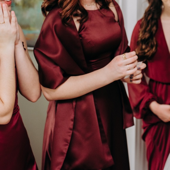 Morilee David’s Bridal Wine Satin High-neck A-Line Bridesmaids Dress - Picture 1 of 10